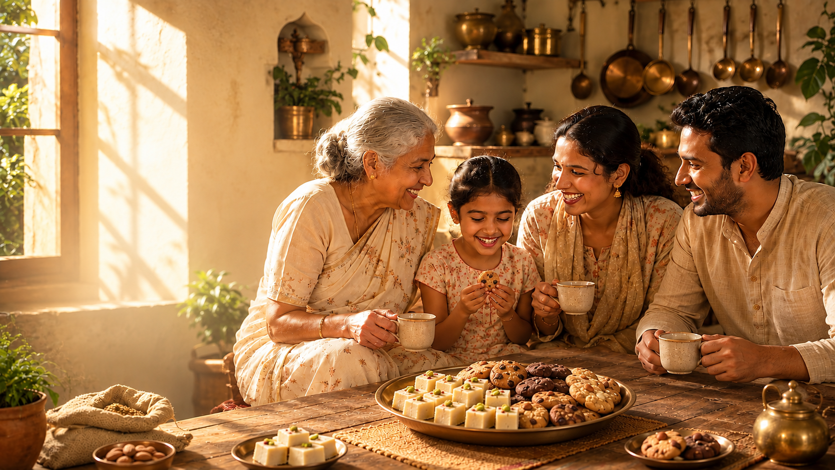 Three generations sharing Protvi sweets and tea in a golden Kolkata kitchen