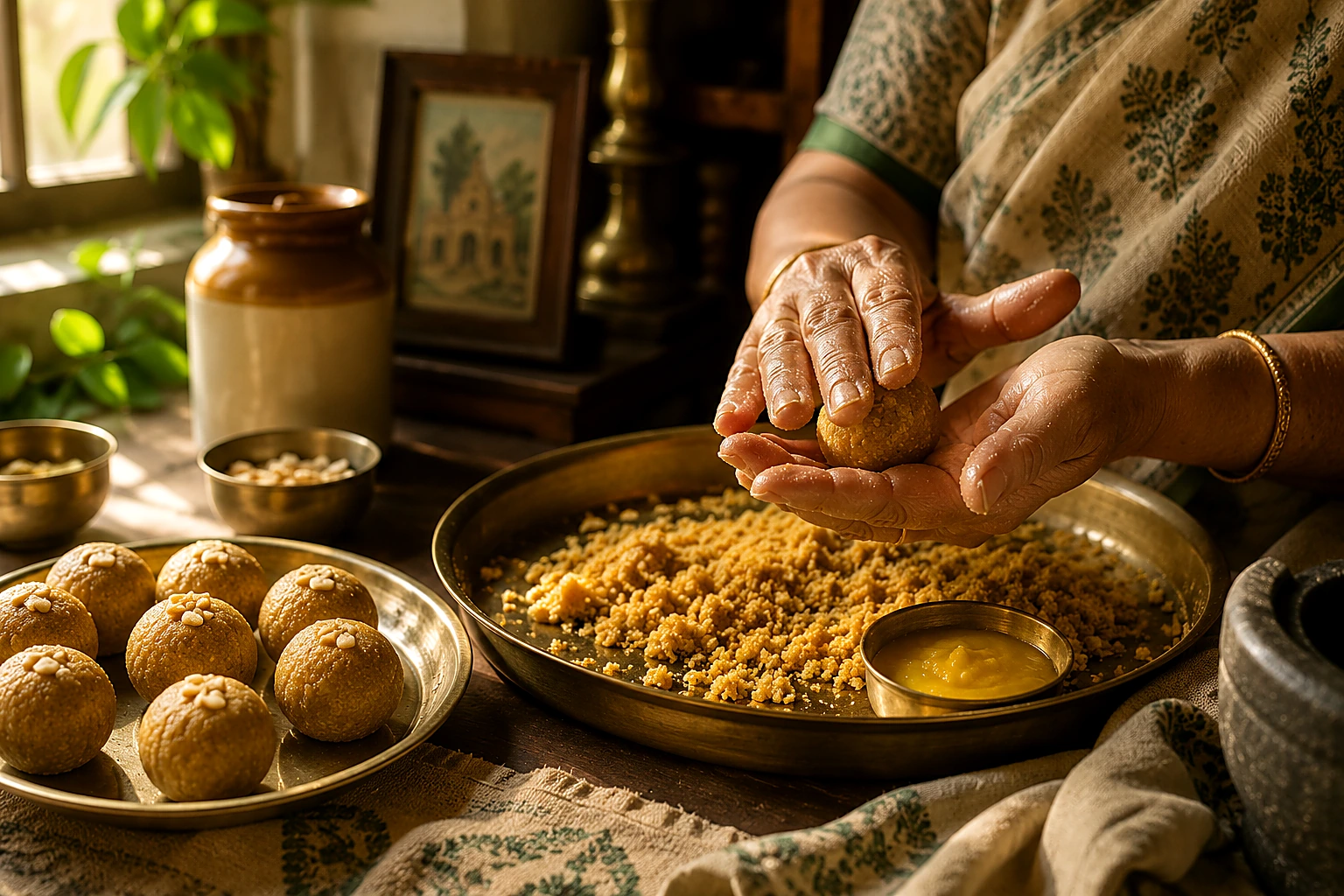 Hands shaping laddoos in a warm traditional kitchen