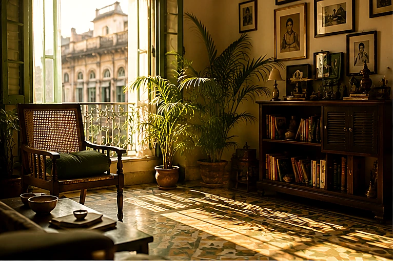 Warm Kolkata home with vintage furniture and golden sunlight