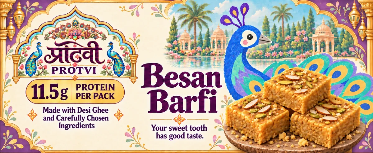 Besan Barfi packaging with the peacock character, 11.5 g protein per 51 g pack and made with desi ghee